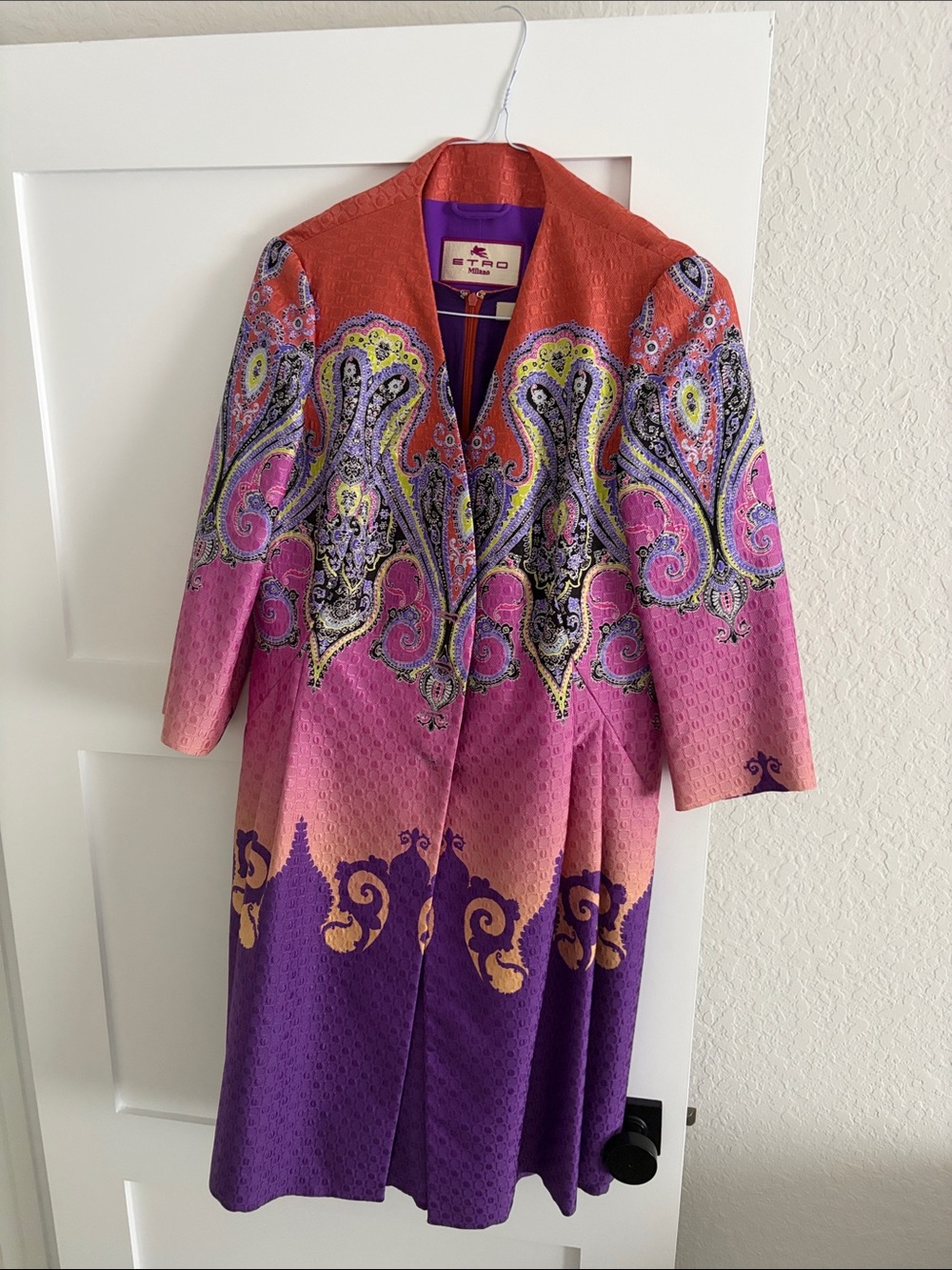 Etro Vibrant Paisley Coat in Purple, Pink & Orange jacket and dress